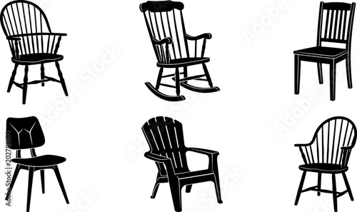 Bild auf Leinwand Wooden Chair Silhouette Icon Set with Classic Rocking, Windsor, Adirondack, and