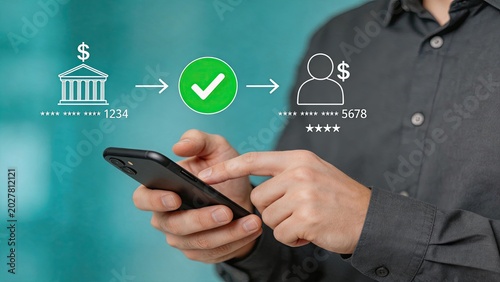 Mobile banking app interface showing secure money transfer process from bank account to user wallet on smartphone screen with green checkmark approval icon for fintech payment