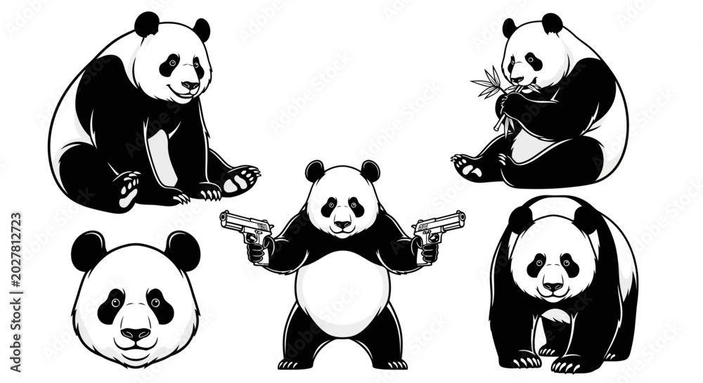 Naklejka premium Panda bear icons, black and white vector set, 5 panda illustrations, cartoon style, monochrome animals, funny gun-wielding panda, cute panda faces