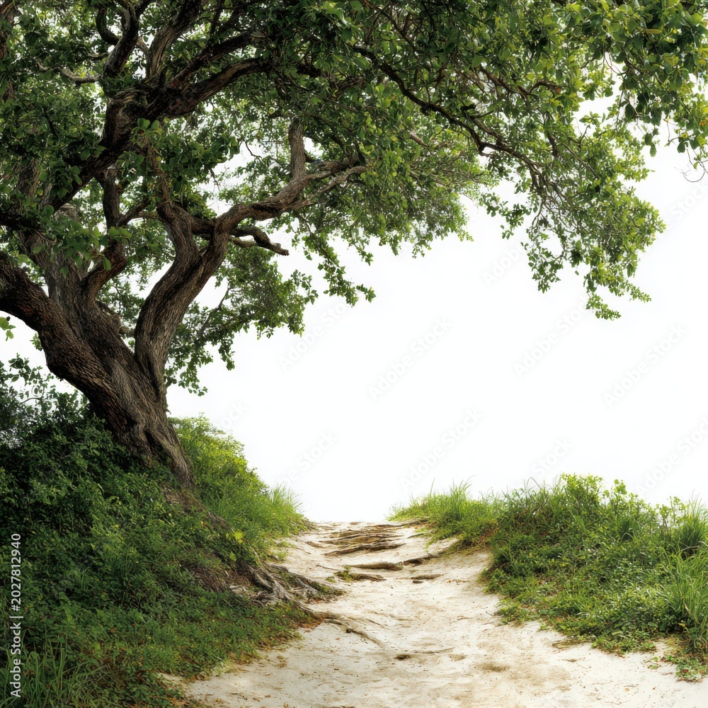 Obraz premium Ancient Oak Tree and Path: An old, majestic oak tree with sprawling branches arches over a dusty dirt path winding through lush green vegetation, suggesting a journey into nature's embrace.