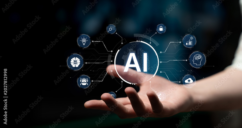 Obraz premium A concept of a multifunctional AI platform. This central intelligence hub powers various business operations, including automation, security, data analysis, and innovation. Fermion