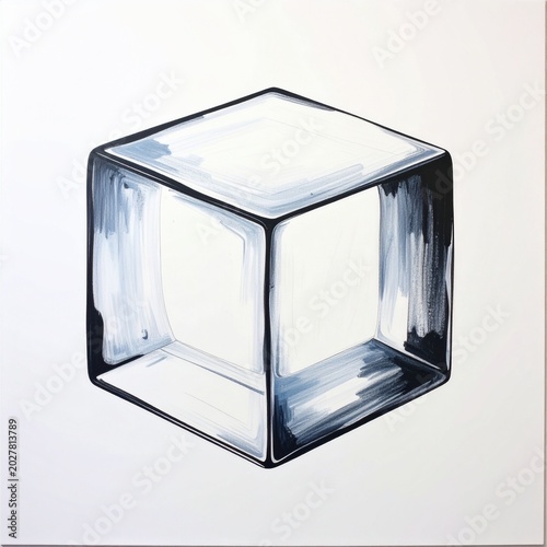 Minimalist 3D Ice Cube Icon with Clear Reflective Surface on White Background