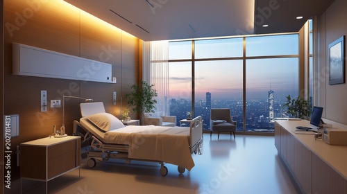 Modern hospital room interior design with cozy armchairs, soft ambient lighting, elegant furniture, and large glass windows overlooking urban view