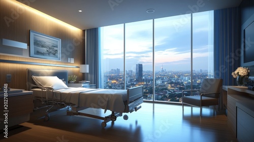 Modern hospital room interior design with cozy armchairs, soft ambient lighting, elegant furniture, and large glass windows overlooking urban view
