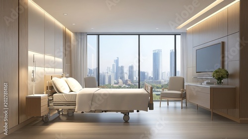 Modern hospital room interior design with cozy armchairs, soft ambient lighting, elegant furniture, and large glass windows overlooking urban view