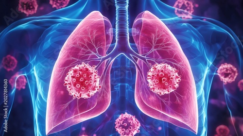 medical illustration of human lungs with highlighted cancerous tumor in the upper lobe, cross-section view showing bronchial tree and infected tissue, clean background