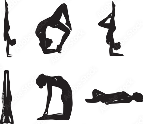 Bild auf Leinwand Collection of black female silhouettes practicing advanced inversions backbends