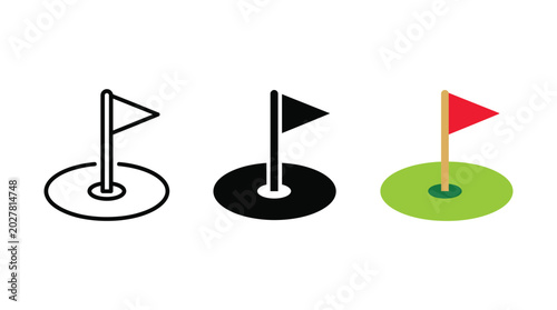 Three different styles of golf hole icons showing a flag on a green putting surface in a simple flat graphic design format for sports digital applications