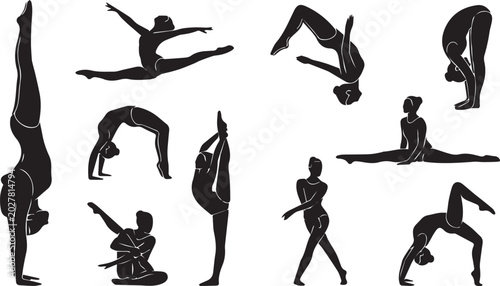 Fotografie Collection of black female silhouettes practicing rhythmic gymnastics, advanced