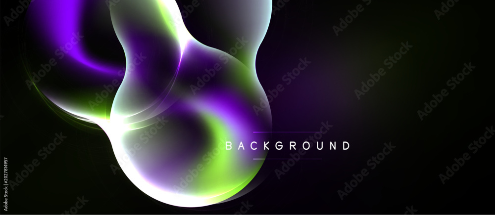 Naklejka premium Abstract flowing shapes, vibrant purple, green hues. Dark background creates dramatic visual effect. Modern design element.
