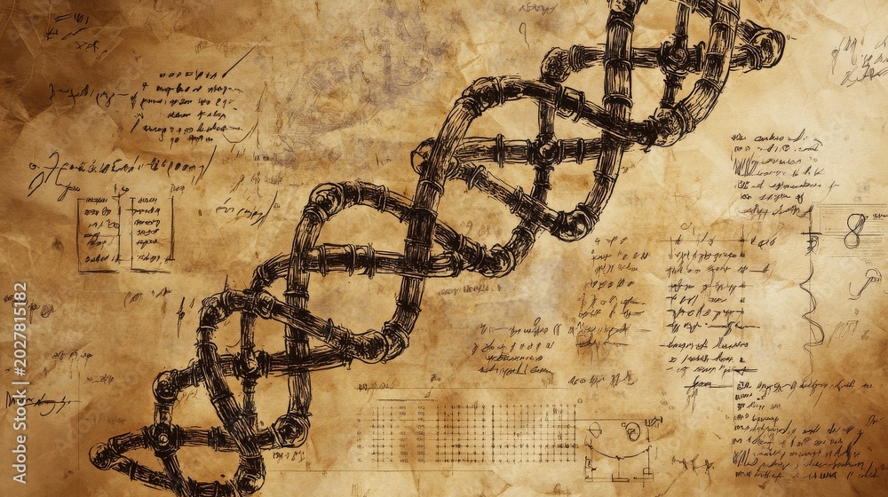 Obraz premium DNA molecule in hand-sketched style, spiraling with energy and surrounded by handwritten formulas and biological symbols