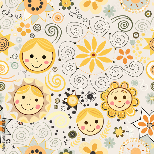 Seamless pattern with cute smiling children faces, doodle suns, flowers and spirals on a light background, warm joyful mood, yellow orange grey palette, flat cartoon illustration style.