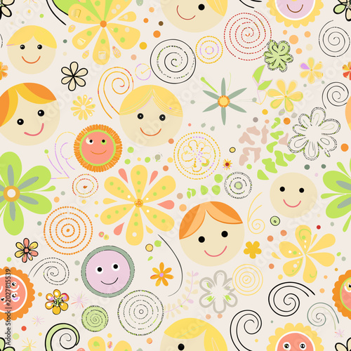 Seamless pattern with cute smiling children faces, doodle flowers and spirals on a light background, joyful playful mood, yellow orange green palette, flat cartoon illustration style.