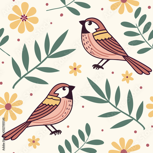 Seamless pattern with cute sparrows sitting among yellow flowers and green twigs on a beige background, calm peaceful spring mood, warm natural palette, flat outline illustration style.