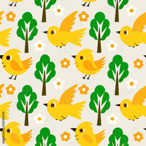 Seamless pattern with cute yellow birds flying and standing among green trees and white flowers on a beige background, joyful summer mood, bright sunny palette, flat cartoon vector style.