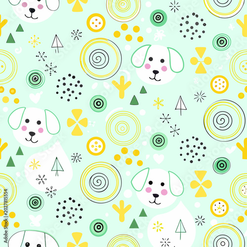 Seamless pattern with cute white dog faces on mint green background, scandinavian style, abstract and geometric environment, playful mood, yellow, green and mint color palette, vector illustration.
