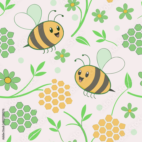 Cute seamless pattern with happy cartoon bees flying among green flowers, leaves, and honeycombs. Cheerful, warm vector background in pastel colors for kids' textile, nursery decor, and spring holiday