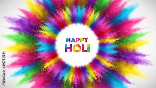 Vibrant holi celebration with colorful powder explosion and happy holi text