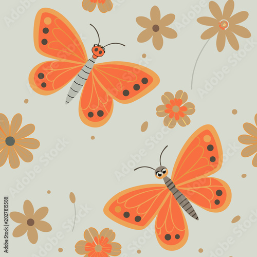 Seamless pattern with cute orange butterflies and simple flowers flying against a light grey background, creating a cozy autumn mood, flat vector illustration in a warm boho style