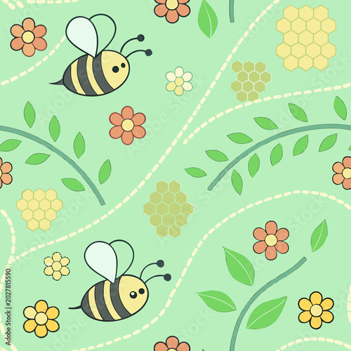 Cartoon bees and flowers pattern illustration with green background