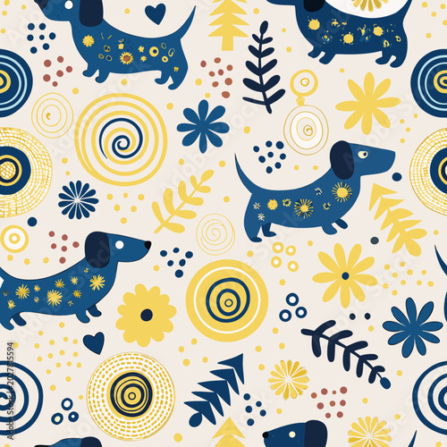 Pattern with playful dachshunds in blue and yellow on a light background
