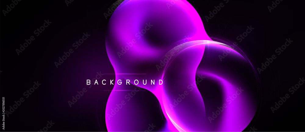 Naklejka premium Abstract neon shapes overlap dark background. Vibrant purple glows create modern visual effect. Minimalist design, dynamic composition.