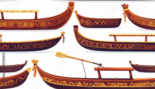 Traditional Outrigger Canoe Hull and Float Seamless Pattern in Ornate Line Art Illustration