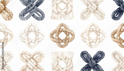Seamless macramé knot pattern collection in black and beige line art illustration on white background
