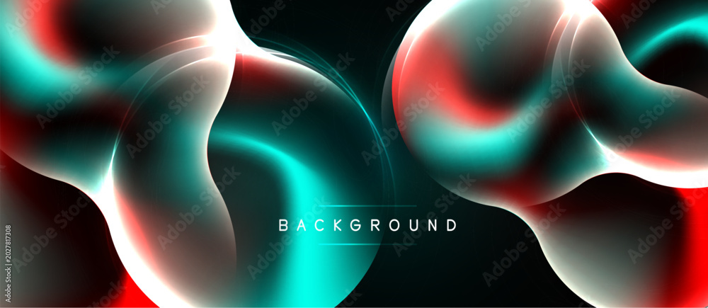 Naklejka premium Abstract background features flowing shapes, vibrant turquoise, red hues. Light effects create dynamic, modern visual. Dark space surrounds curves.