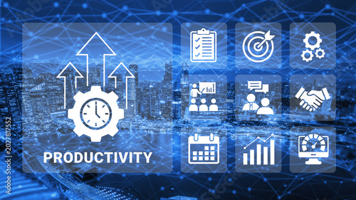 Canvas Print Engaging visual representation of productivity featuring digital icons and business metrics, perfect for concepts of efficiency and growth in any modern workplace