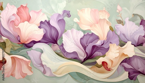 Watercolor floral wave pattern with pink and purple petals in seamless organic design