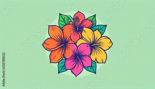 Vibrant Tropical Flower Bouquet in Circular Vector Illustration with Bold Colors and Simple Outline