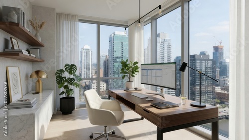Modern home office with city skyline visible through floor to ceiling windows