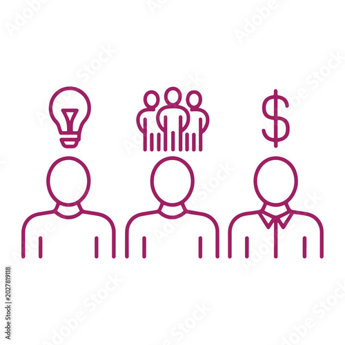 Three people icons representing idea, team, and finance concepts