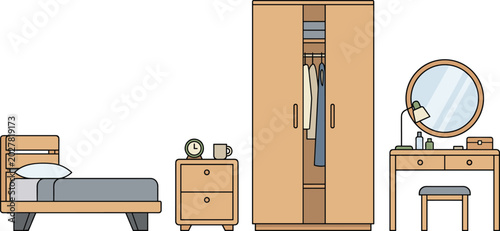 Photos Modern Bedroom Furniture Collection Vector Illustration with Bed Wardrobe Nights