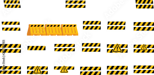 Konstfotografi Yellow and Black Striped Construction Barrier Icon Set with Caution Warning Sign