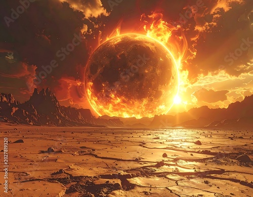 Fiery Planet Rising Over Cracked Desert Landscape at Dramatic Sunset