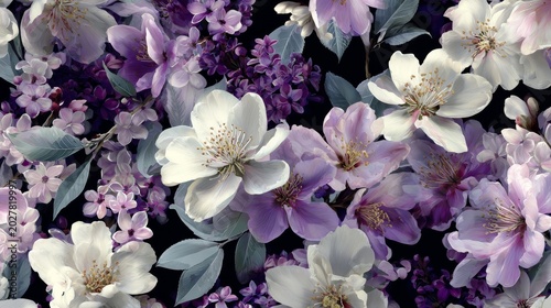 36.Botanical pattern of white and violet flowers, lifelike textures, harmonious color balance, seamless floral surface design