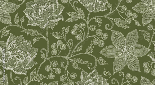 Tableau sur toile Olive green floral wallpaper, damask pattern, botanical design, vector backgroun
