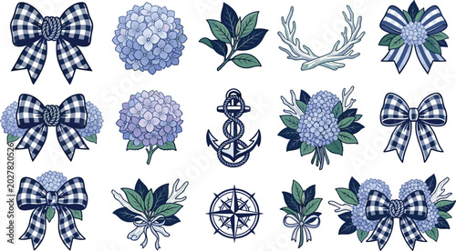 Coastal Nautical Floral Vector Graphic Element Set Featuring Blue Hydrangeas, Gingham Plaid Bows, Anchor, Compass, and Driftwood Antler Arrangements