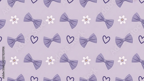 Seamless pattern of pastel purple bows, hearts, and small white flowers