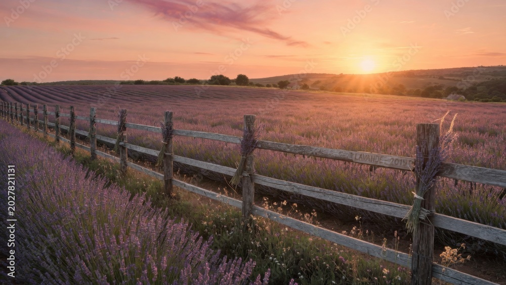 Obraz premium Lavender field stretching along wooden fence at sunrise