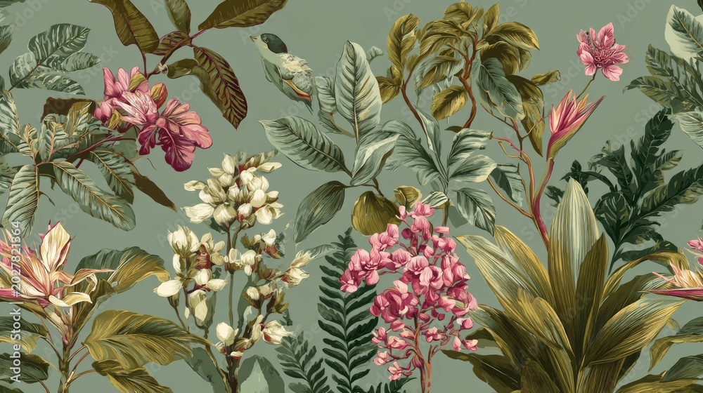 Fototapeta premium 77.Seamless floral vector pattern featuring various tropical plants, hand illustrated foliage, random scattered layout, retro style on muted green background