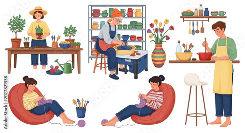 Vector home decor, interior design, furniture, and hobby illustrations, colorful scenes