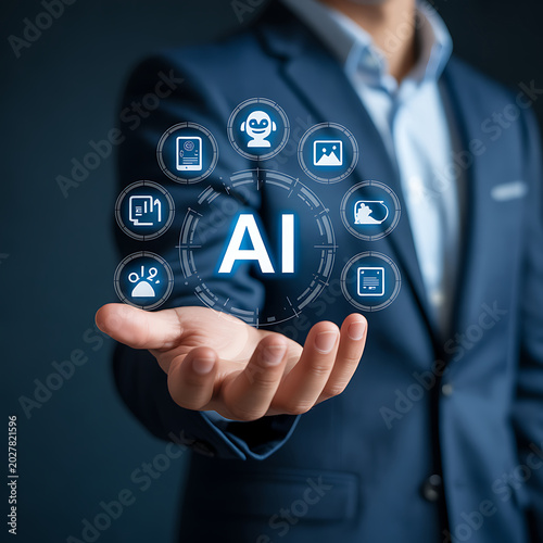 Businessman presenting artificial intelligence concept with icons on his palm
