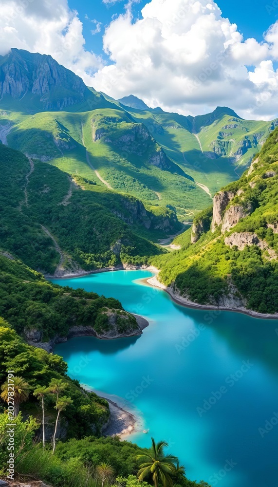 Fototapeta premium Mountainous landscape with lush greenery and turquoise waters, fjord, wilderness