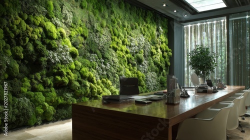 90.Interior design concept showing a vertical green moss wall panel in an office, rich natural texture, soothing greenery, modern and professional environment