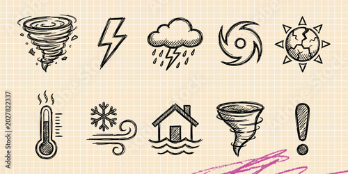 Black ink scribble doodle vector vintage hand drawn set of disaster tornado storm weather lightning cloud meteorology danger and cold rain