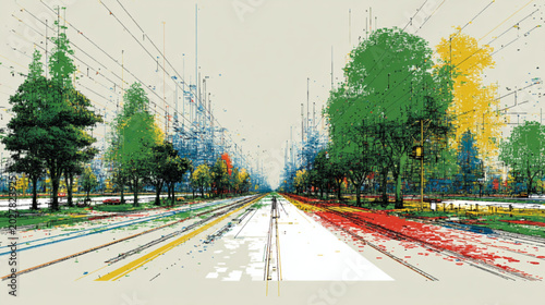 Vibrant City Street With Trees And Tram Tracks In Pop Art Style For Urban Backgrounds