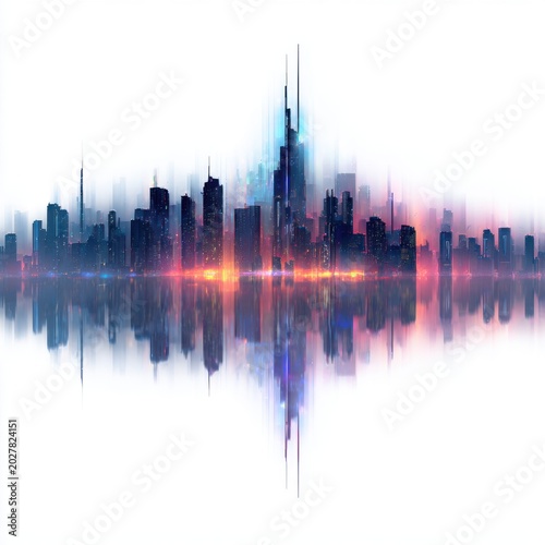 Abstract Cityscape Symphony: A vibrant, abstract representation of a modern cityscape at night, with luminous skyscrapers reflecting on the water's surface.